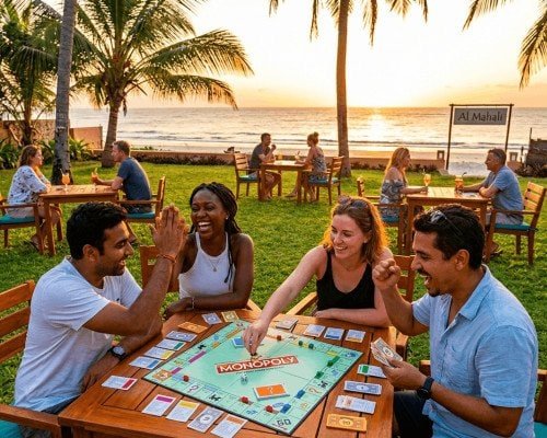 A group of freinds playing games at the Drift Beachfront Restaurant Al Mahali